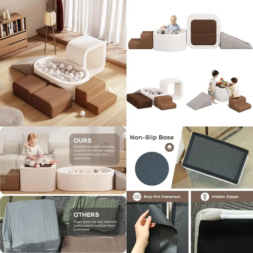 Juego de escalada de espuma de 6 piezas para niños pequeños: gimnasio de juegos en interiores con tobogán y pozo de pelotas (bolas no incluidas)