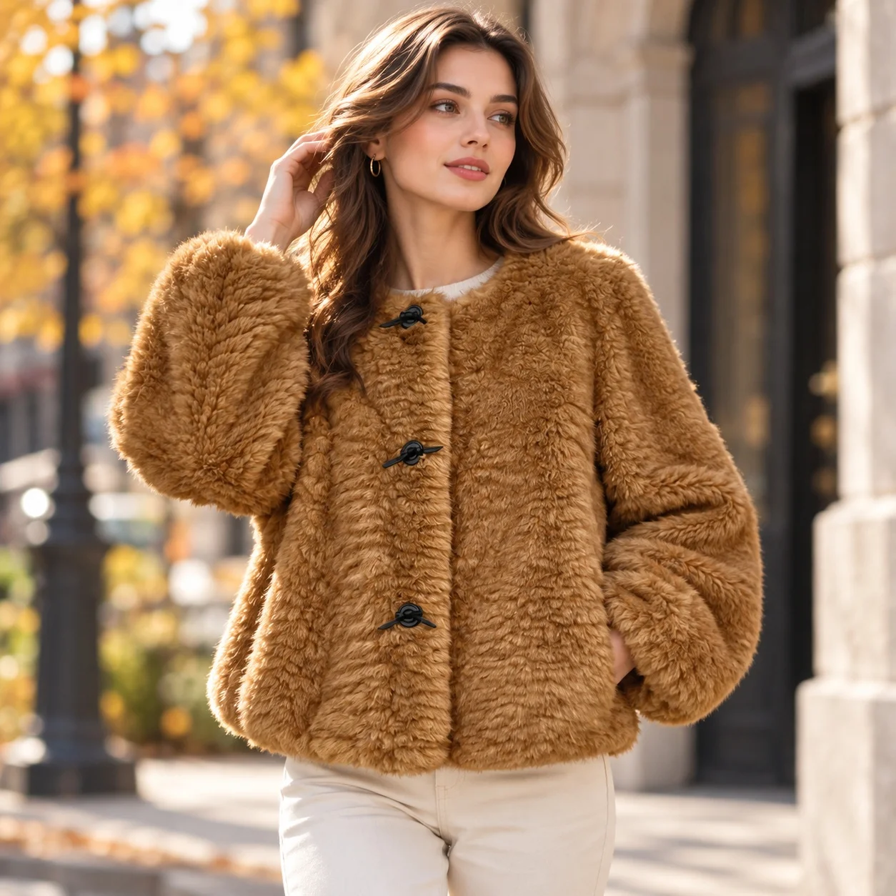 Round Neck Loose Fit Coat Short Casual with Long Sleeve Coats Elegant Commuting Autumn Lantern Sleeve Hoodless Women Jacket