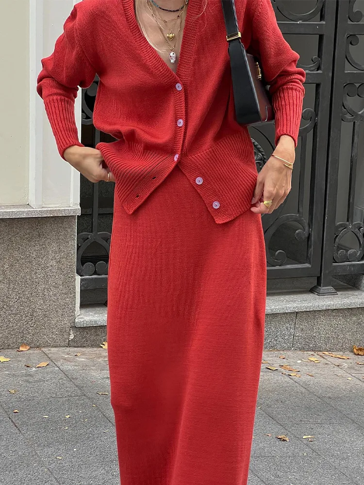 Conjunto de 2 piezas de punto para mujer, maxifalda ajustada con cuello en V, cárdigan de manga larga y falda larga, trajes para mujer