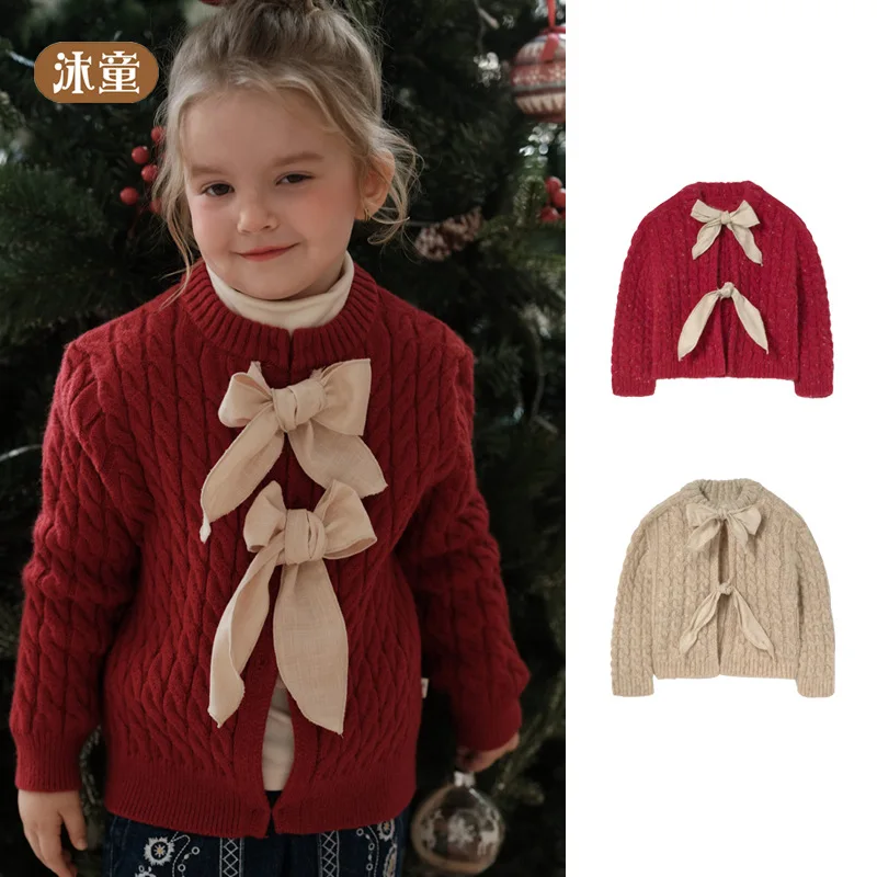 

Girls' Sweater 2025 Autumn/Winter New Red Bow Sweet Korean Version Children's Cardigan Sweater Cotton Thickened Warm Girls' Coat