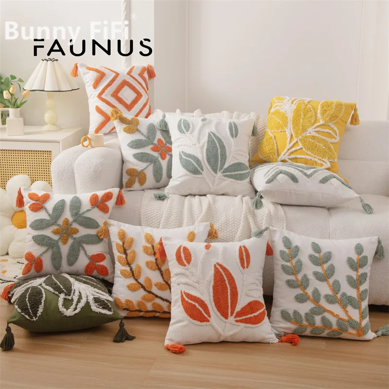 Embroidered Leaf Textured Cushion Cover Boho Aesthetic Decorative Throw Pillow Cases With Zipper For Living Room Sofa Bed Decor