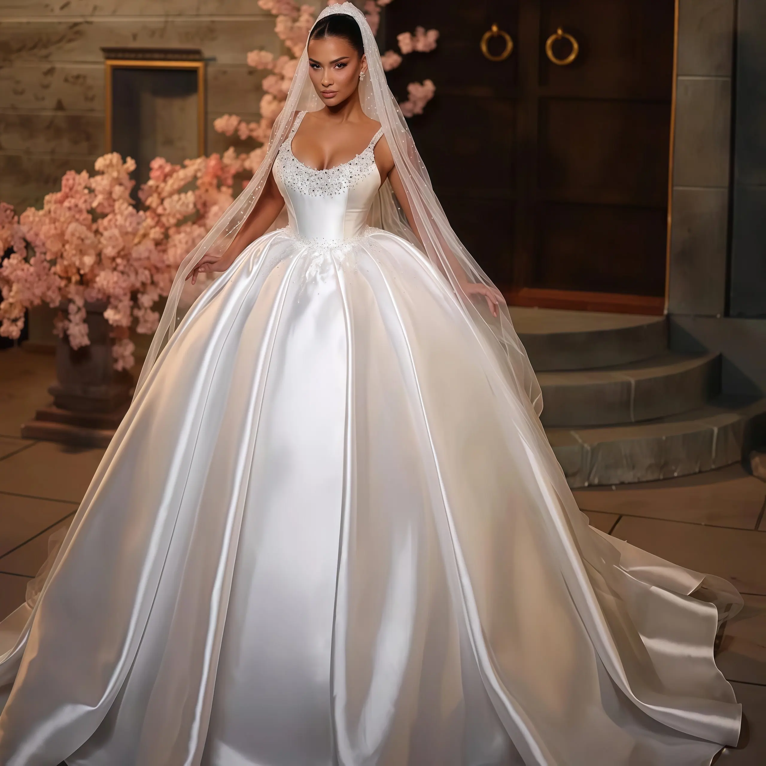 

Customized Exquisite A-line Draped Satin Wedding Dresses Sparkly Crystal Sleeveless Backless Floor Length Wedding Bride Gown