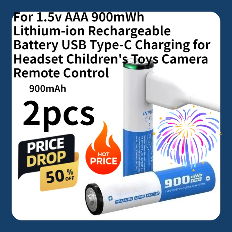 For 1.5v AAA 900mWh Lithium-ion Rechargeable Battery USB Type-C Charging for Headset Children's Toys Camera Remote Control