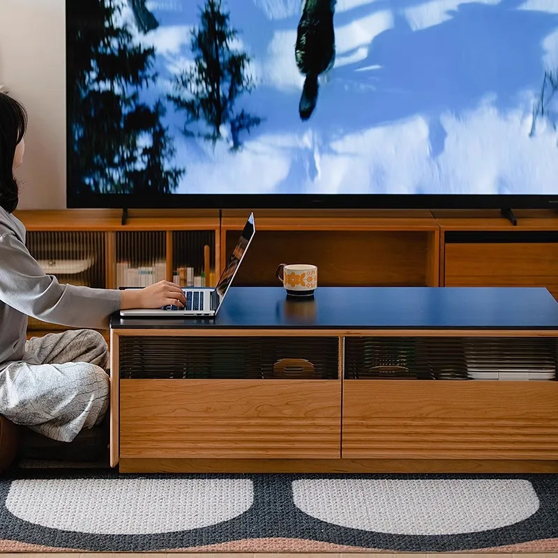 طاولة القهوة لغرفة المعيشة، أرضية من الخشب الصلب، طاولة شاي، خشب الكرز، بلاطة صخرية منزلية يابانية، طاولة شاي صغيرة مزدوجة الغرض #3