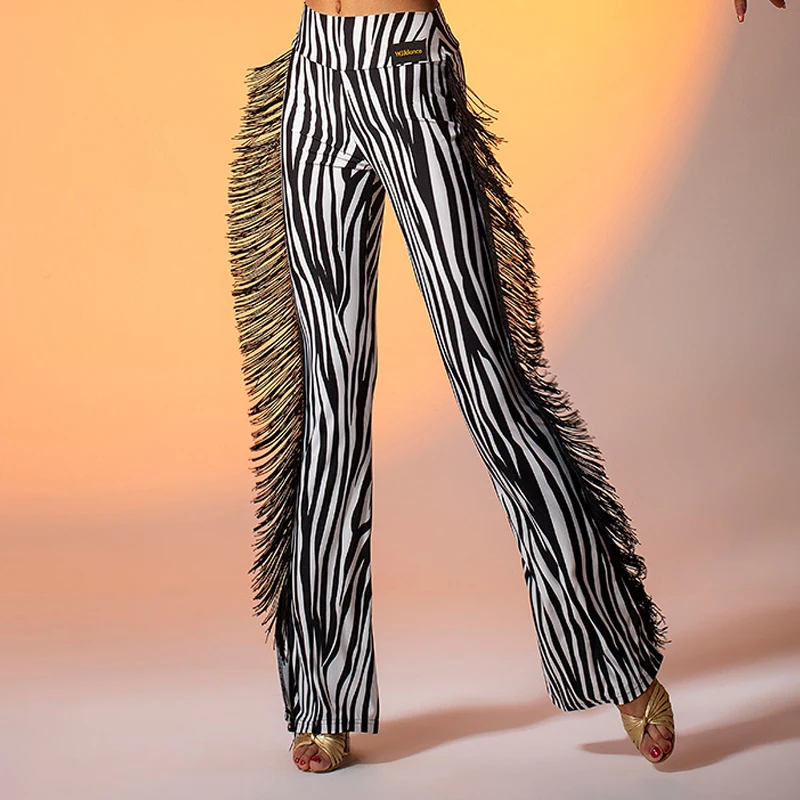 Black Fringed Latin Dance Pants Women Sexy Slit Pants Professional Ballroom Dance Practice Wear Cha Cha Samba Trousers BL7703