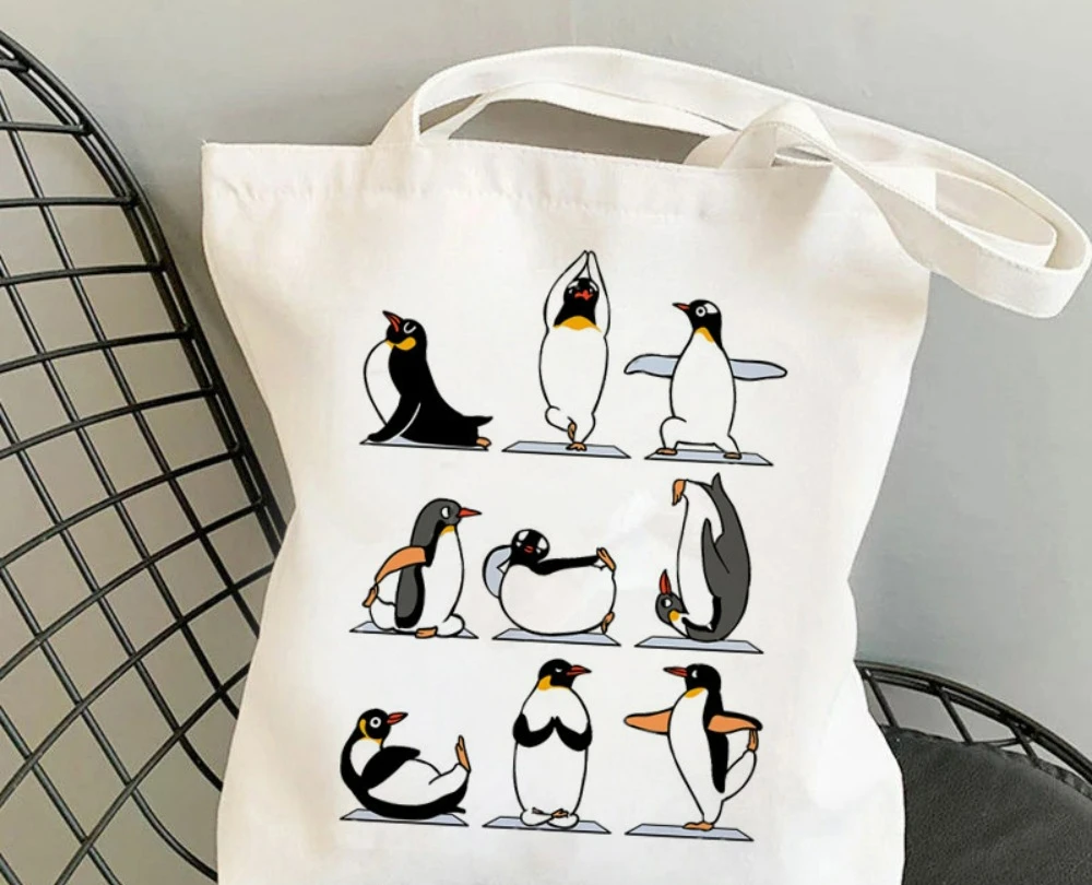

Cute Yoga Animal Canvas Tote Bag, Funny Panda Cow Penguin Print Reusable Shoulder Bag, Handbag for Yoga Lovers, Daily Use Gift