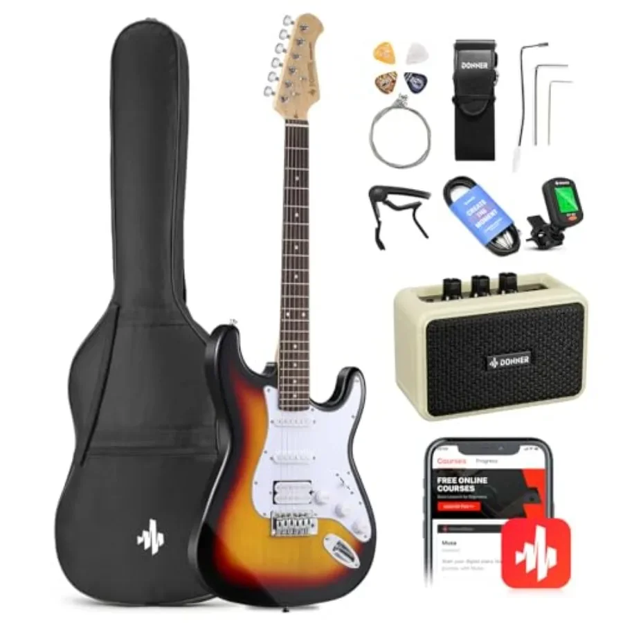 Beginner electric guitar kit for practice and learning: solid body sunburst finish, includes amplifier, gig bag, capo, strap, s