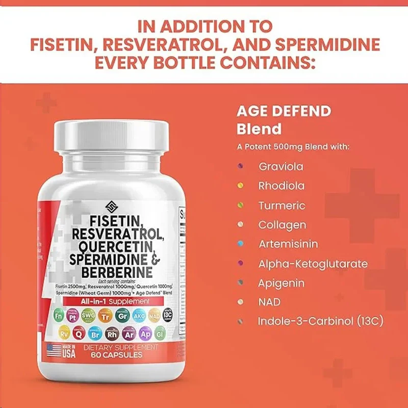 Fisetin Quercetin Resveratrol With Arginine Wheat Embryo Extract -supplement, Contains Aspartic Acid, Collagen, Rhodiola, Apicin