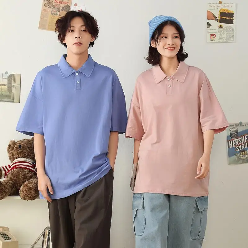 Japanese Solid Color POLO Oversize Shoulder Down Collar Five Quarter Sleeve T Shirt Professionally Custom LOGO Men Women Clothes