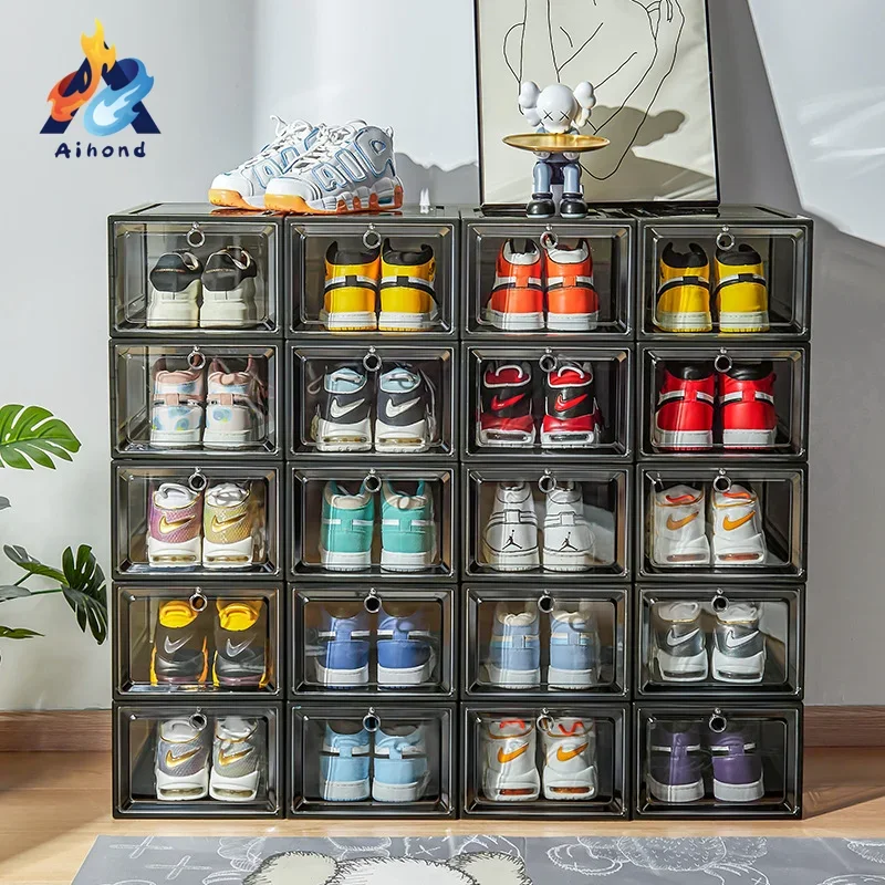 

Cheap Transparent Plastic Sneaker Storage Box Stackable Shoe Storage Boxes Drop Front Acrylic Drawer Type Magnetic Shoe Box