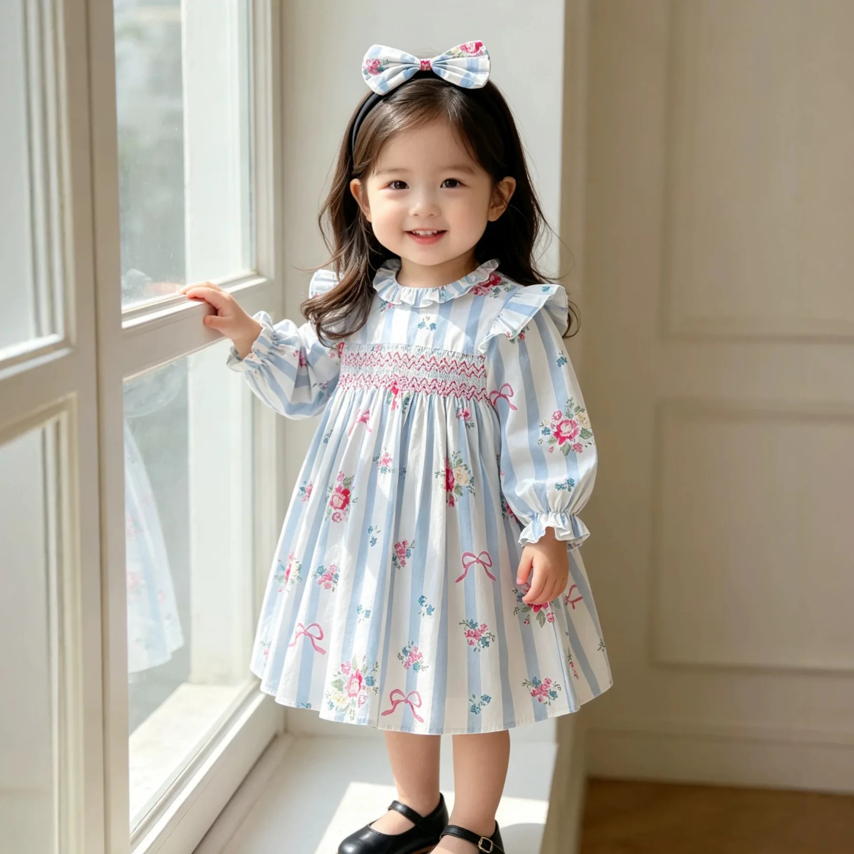 2026 New Baby Clothes Climbing Clothes Bow Knot Printed Dress Children's Clothing Sisters Autumn Girls' Cotton