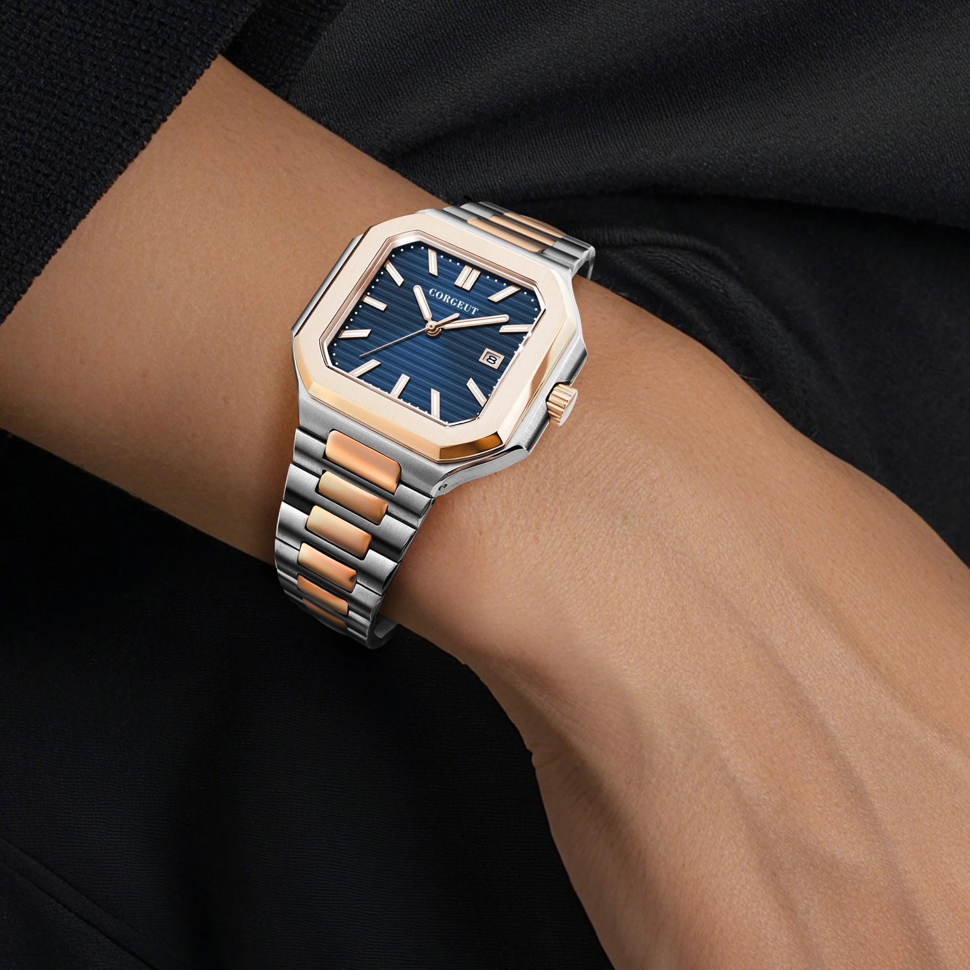Relógio Corgeut 6032 quadrado de aço inoxidável 44,5 mm - safira, NH35 automático, 5BAR resistente à água, data