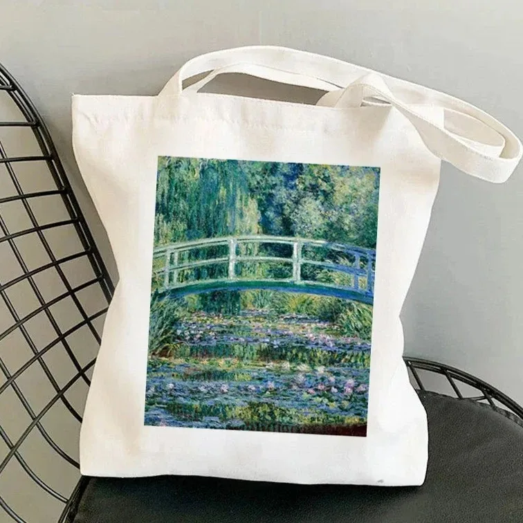 

Bolso grande de hombro de lona con estampado Floral de lirios de agua Kawaii Harajuku Monet bolso de compras diario reutilizable