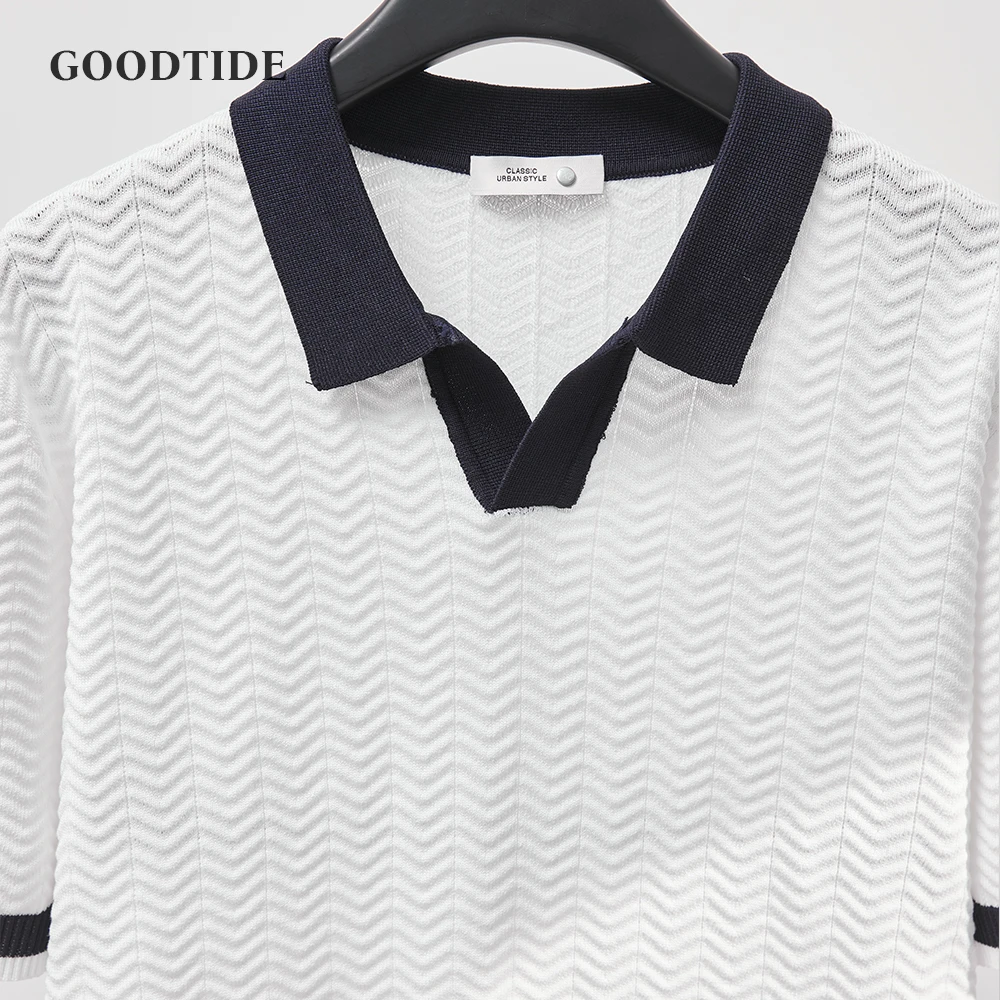 Fashion Contrast Color Knitted Polo Shirt Men Spring Summer Casual Turn-down Collar Knit Tops Men Vintage Short Sleeve Jumpers
