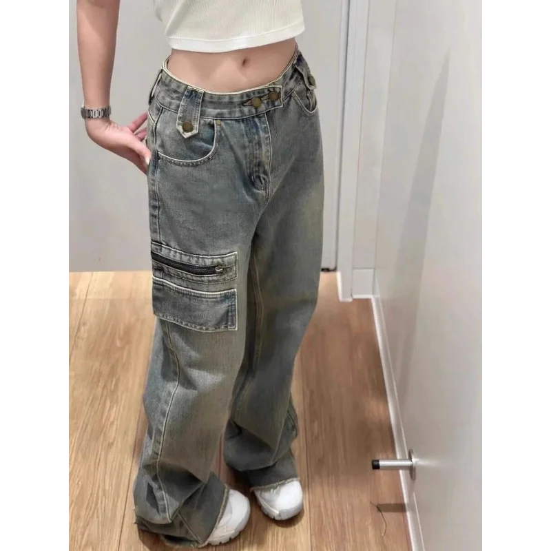 American High Street Multi-pocket Work Jeans Women in Spring Autumn New High-waisted Breasted Design Versatile Wide-leg Pants