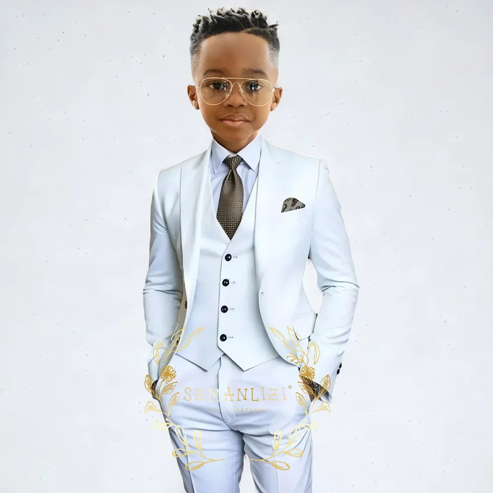 

Белый костюм для мальчиков, комплект из 3 предметов, модный дизайн, куртка, брюки, жилет, свадебный детский смокинг, официальный выпускной наряд, костюм для выступления на сцене