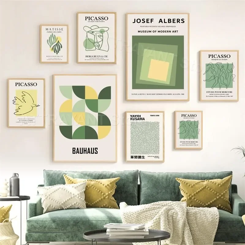 

Modern Wall Art Print Canvas - Abstract Green & Yellow Bauhaus Picasso Mitisse Exhibition Poster Ideal for Living Room Decor