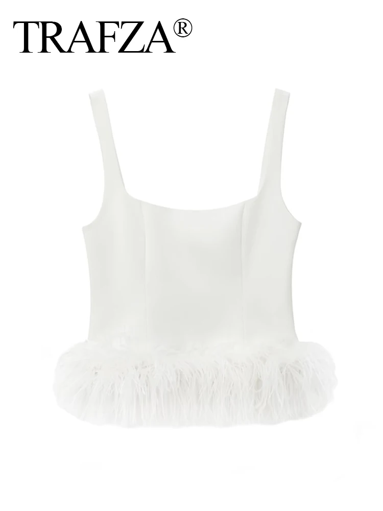 

TRAFZA Summer Tops Woman Trendy White Square Collar Sleeveless Backless Feather Decoration Female High Street Sexy Tanks Top