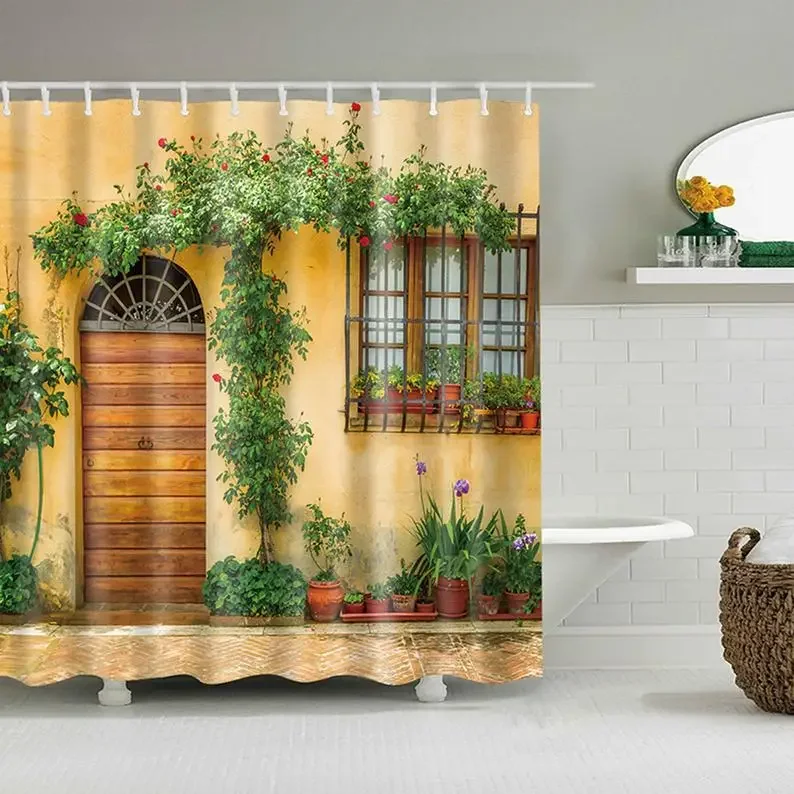 Village Home House Flower Leaves Garden Plant Fabric Bathroom Curtain Décor