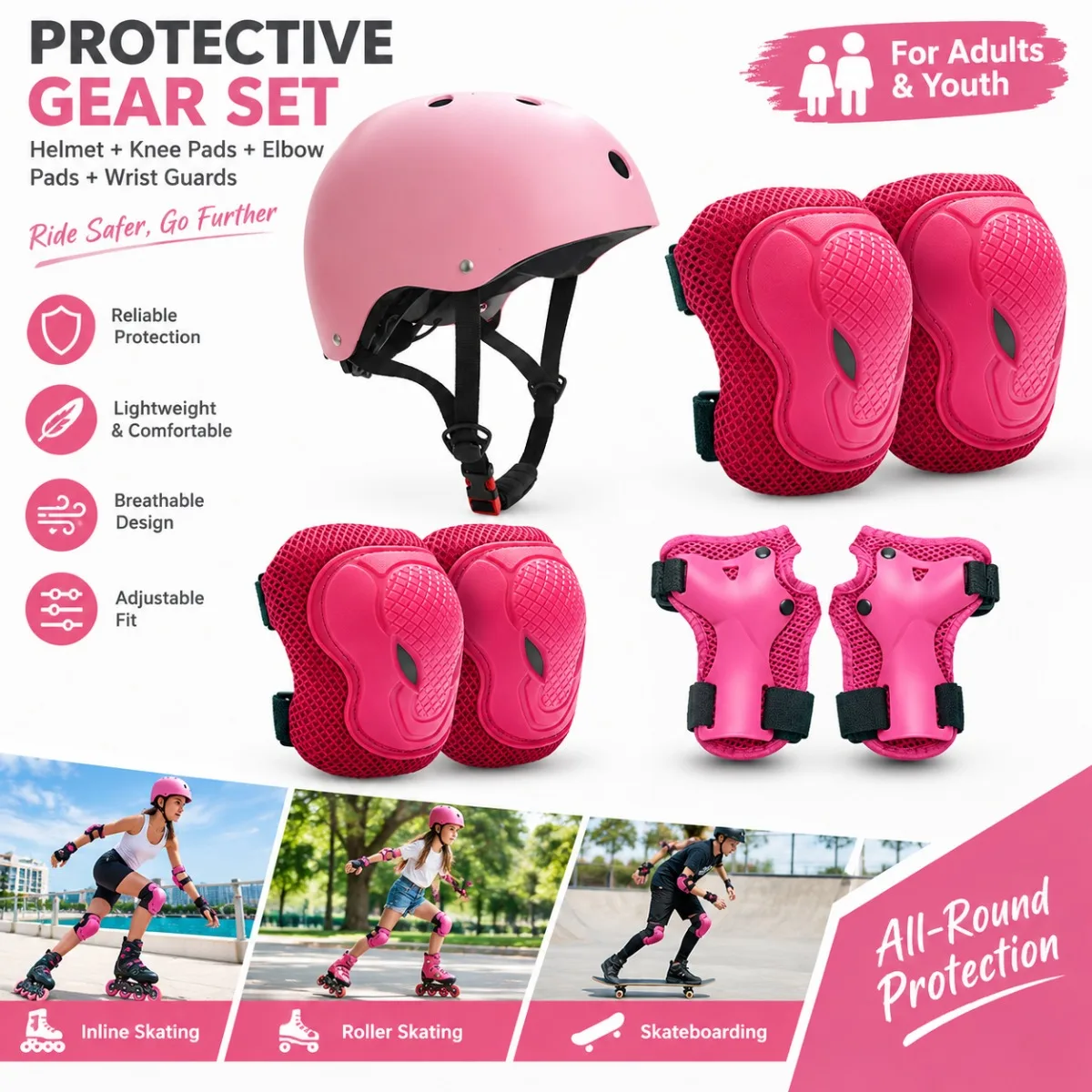 Adjustable Skate Helmet Protective Gear Set, ABS Shell EPS Liner, Knee Elbow Pads and Wrist Guards for Skating