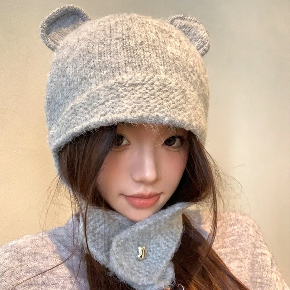

Fashion Cute Bear Ears Knitted Hat Windproof Cold Proof Warm Hat Ear Protector Hat Women