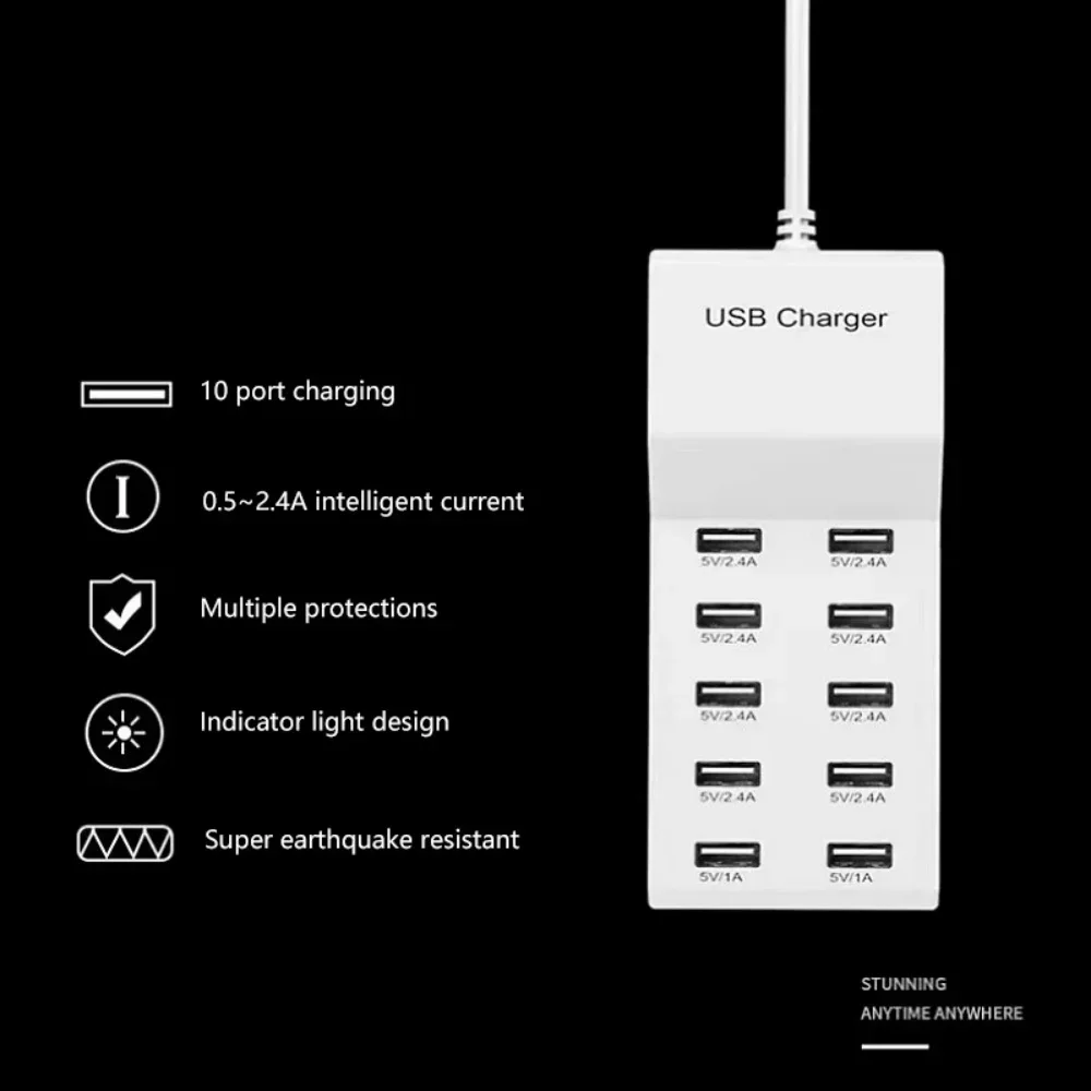 10-Ports USB Charger USB Charging Station for Multi Devices 50W Type C Hub Adapter for iPhone Samsung Xiaomi 16 Extension Socket