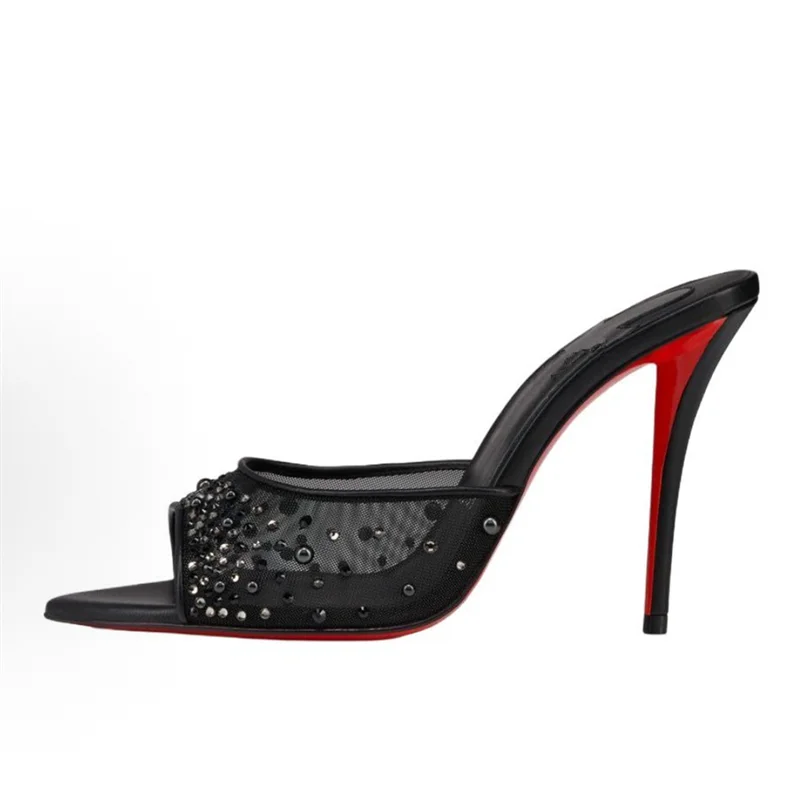 2026 Luxury Mesh Backless Mules Pearls Crystal Rhinestone Decor Square Toe Stiletto Slides Elegant Evening Heels view 4