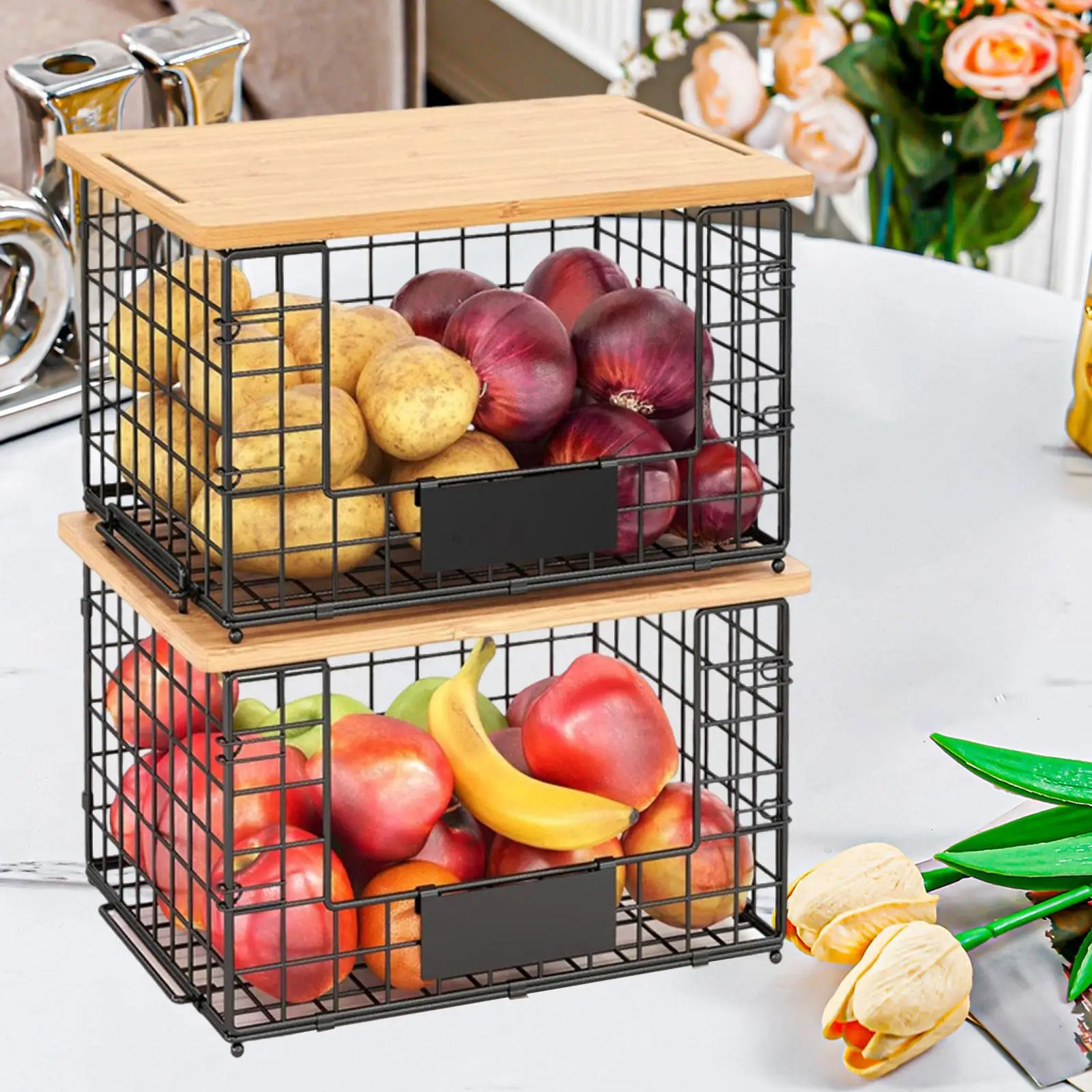 

2x Fruit Veggie Stackable Basket Multipurpose Metal Rectangular Wire Basket for Kitchen Vegetable Cabinet Pantry Countertop