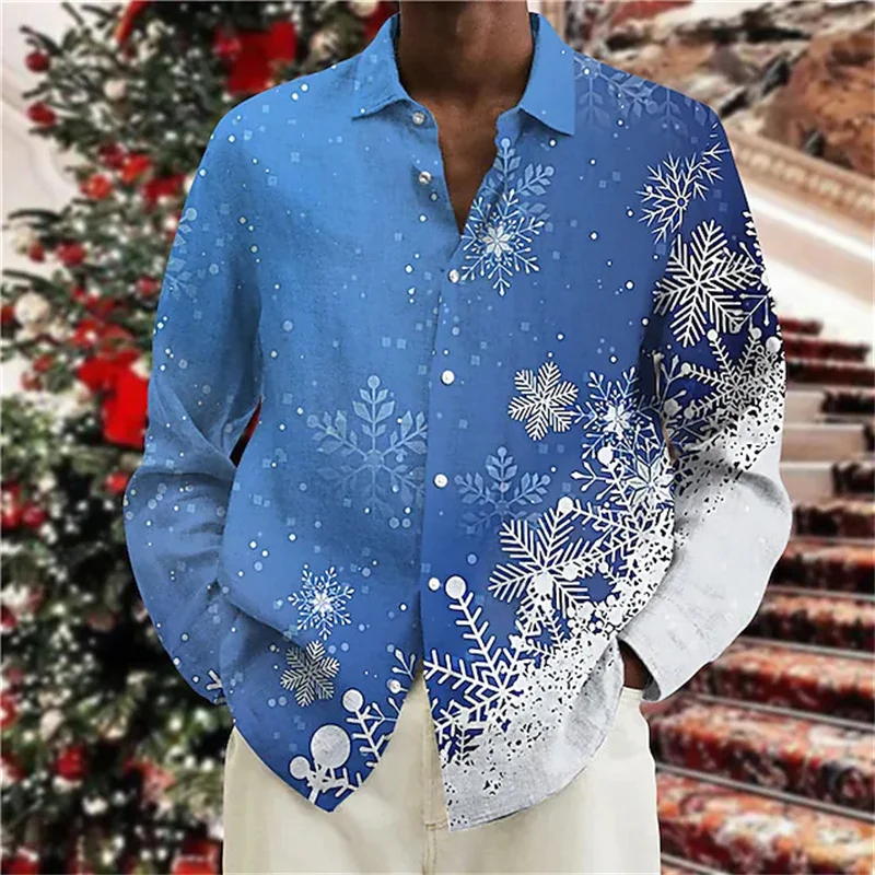 2023 Christmas Shirt Men Christmas Pattern 3D Printing Single Breasted Lapel New Year Shirt Christmas Snowman Long Sleeve Shirt