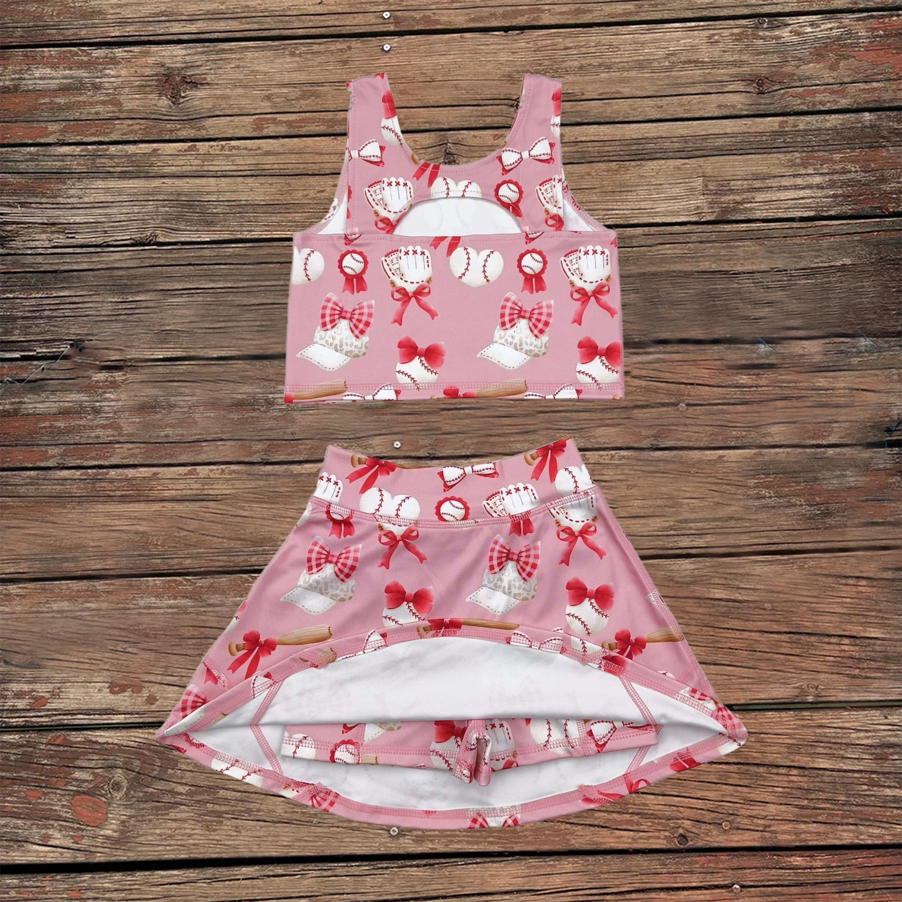 

Wholesale Summer Baby Girl Active Wear Toddler Baseball Bows Athletic Top Shorts Skorts Skirt Set Kid Children Two Piece Clothes