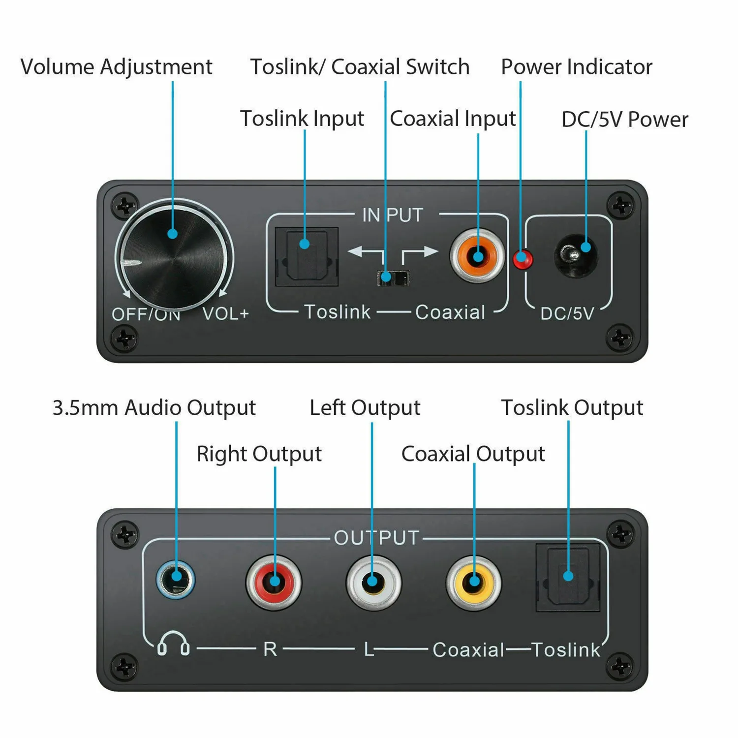 192KHz Digital Optical Coaxial Toslink to Analog RCA 3.5mm Audio Hifi Converter with Spdif