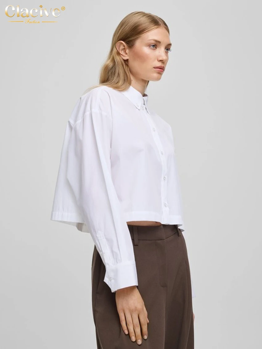 Clacive موضة فضفاضة القطن الأبيض قميص نسائي 2025 أنيقة التلبيب كم طويل بلوزة عادية بسيطة قمة صلب الملابس النسائية