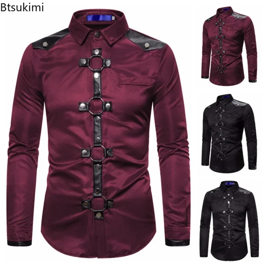 

2025 New Men's Long Sleeve Shirts Gothic Style Rivet Slim Party Shirts Fashion Singer Stage Costumes Casual Vintage Streetwear