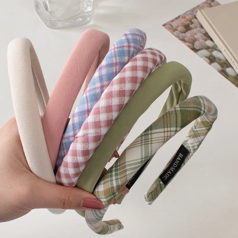 Новые модные клетчатые обручи для волос для женщин, милый темперамент, однотонная повязка на голову, обруч для волос, модные аксессуары для волос