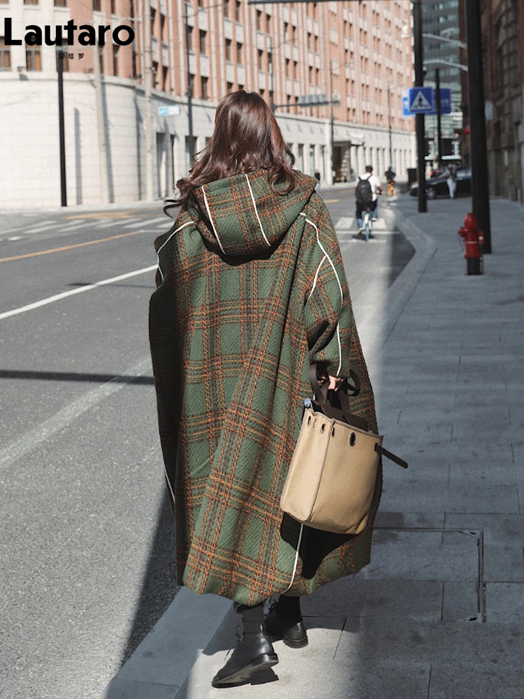 Lautaro Autumn Winter Long Oversized Warm White Patchwork Plaid Wool Blends Trench Coats Women with Hood Runway Korean Fashion