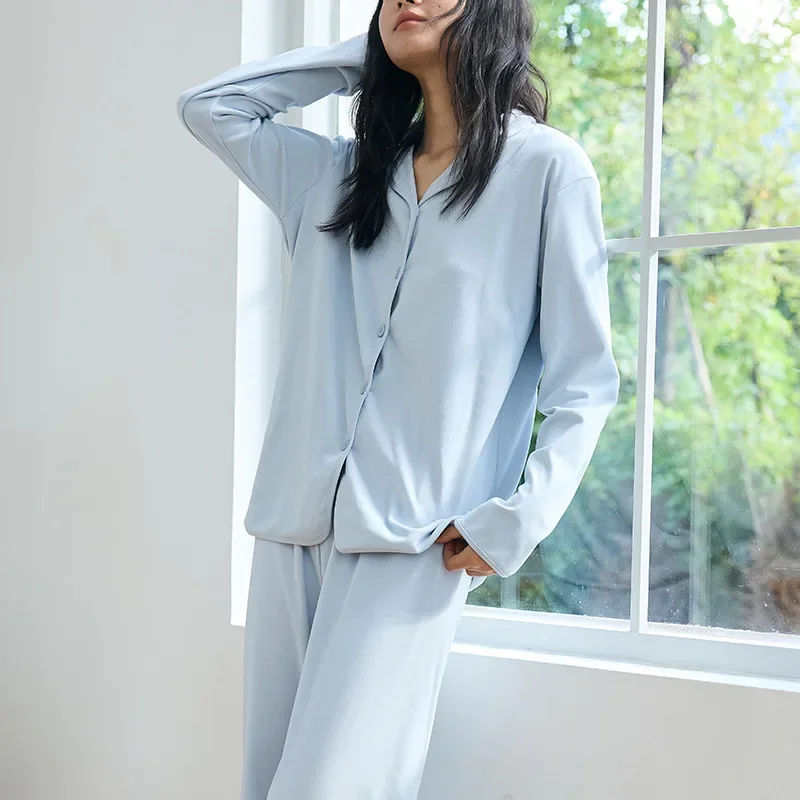 Women's Homewear Autumn Winter Solid Color Set Loose Button Turn-down Collar Sleeve Top Casual Long Pants Soft Outerwear Pajamas view 2
