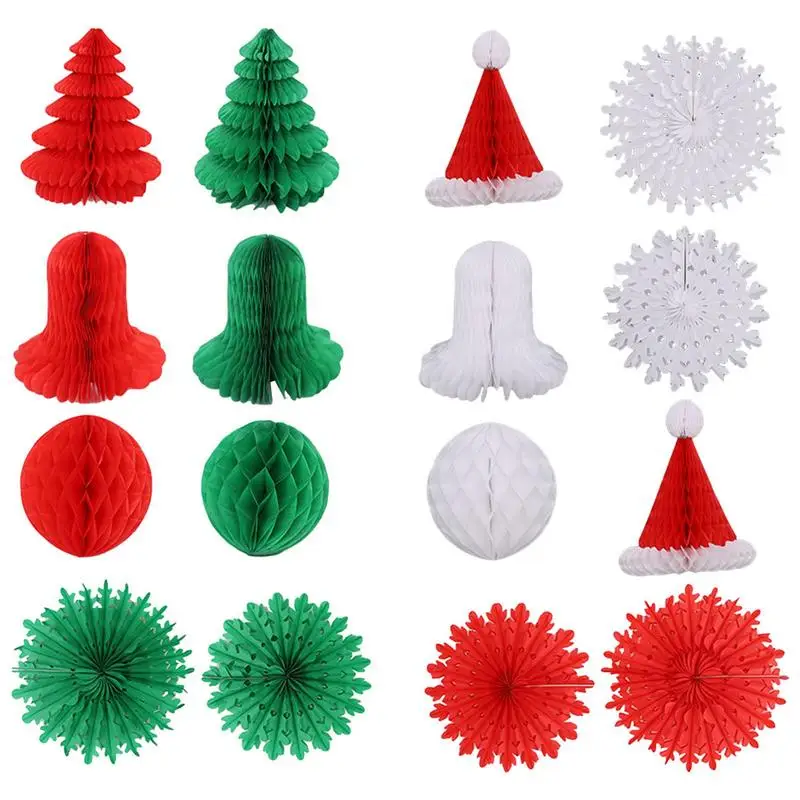 Paper Christmas Decorations Honeycomb Christmas Party Decorations Hanging Honeycomb Tree Ball Bell Hat Snowflake For Christmas