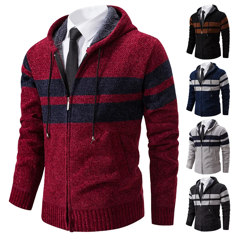 Maglione cardigan lavorato a maglia caldo color block moda ispessito in pile con cerniera a righe autunno/inverno da uomo