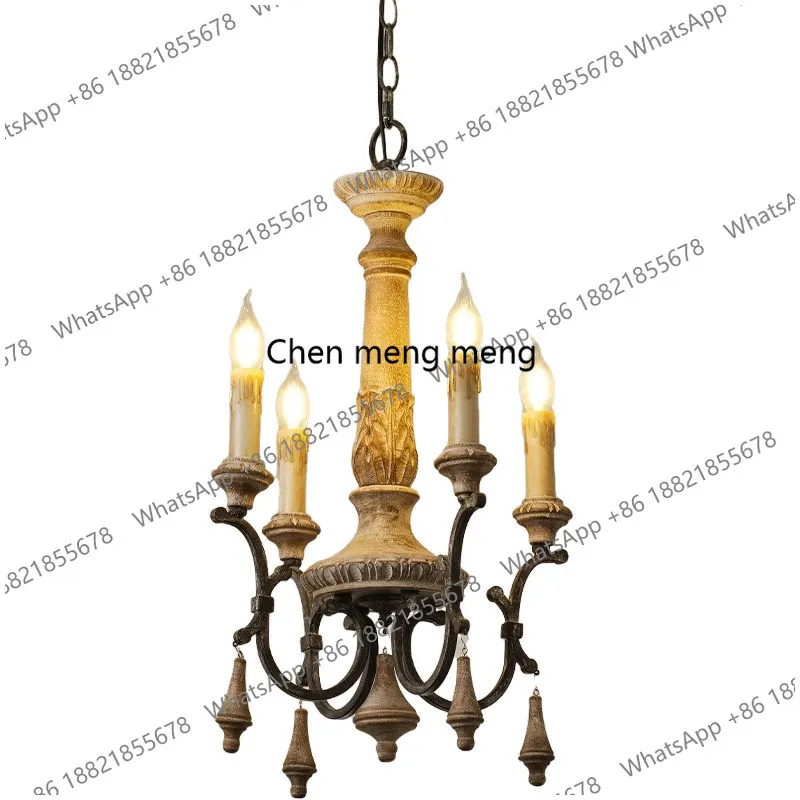 French retro chandelier bedroom dining room, American style, solid wood carving bed and breakfast candle lamp