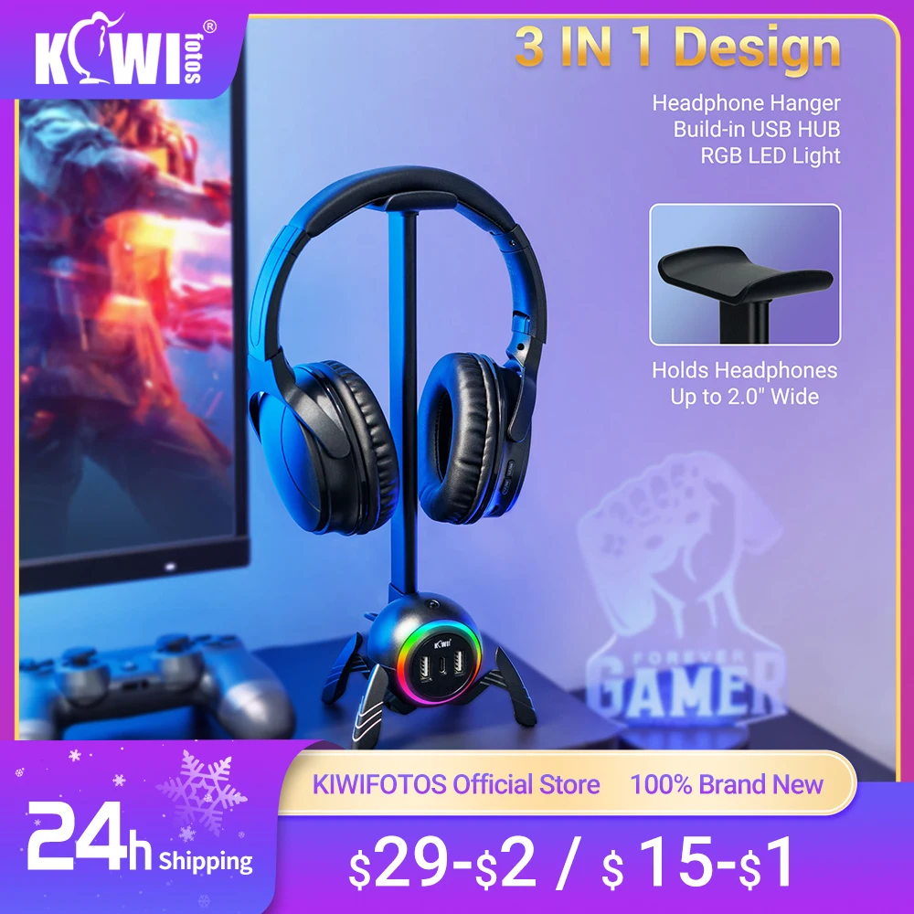 

KIWIFOTOS RGB Lights Headphone Stand with Type-C USB Ports Headphone Holder for All Headsets Gamers Gaming PC Accessories Desk