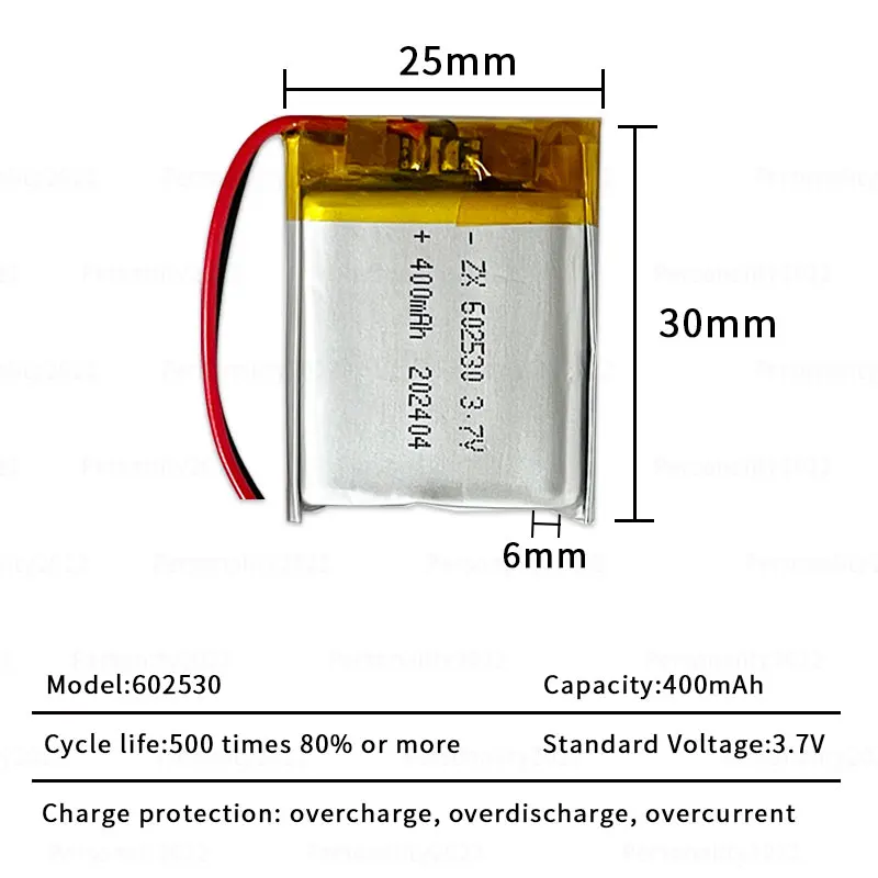 3.7V 602530 400mAh  Rechargeable Lithium Battery for Bluetooth Headset, Beauty Instrument, Selfie Stick, Spray, Bluetooth Etc