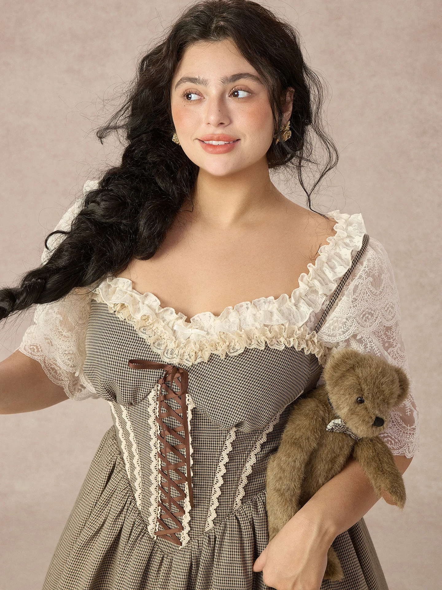 

Женская длинная юбка большого размера в клетку кофейного цвета с завязками на талии, французский стиль, А-силуэт, с завязками на талии, юбка-принцесса