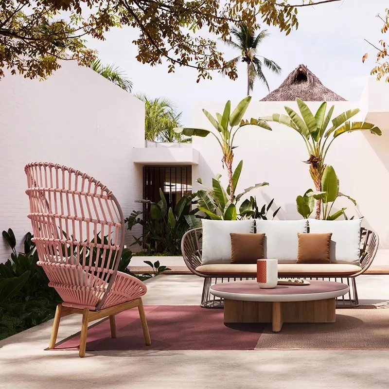 Outdoor sofa aluminum alloy hotel villa garden courtyard rattan chair terrace single bed and breakfast rope-woven furniture