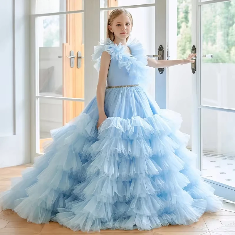 

Girls Wedding Dress For Kid Tulle Ball Gown Extra Lush Tiered Tulle Blue Backless Kids Dresses Photoshoot Pageant Party Clkothes