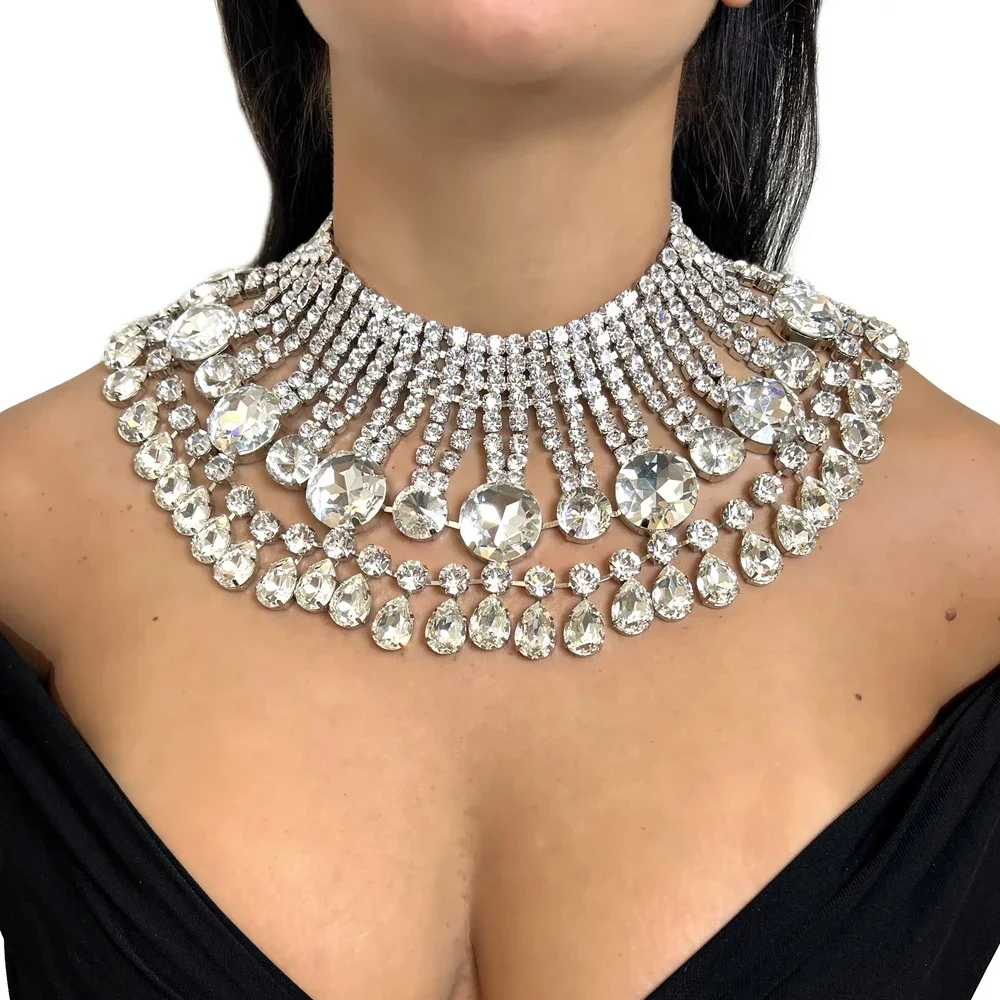 1 Set Extravagante Luxus-Strass-Halskette für Damen, Schmuck für Abschlussball, Hochzeit, Braut, geometrischer Kristallkragen, Accessoires – Detail 2