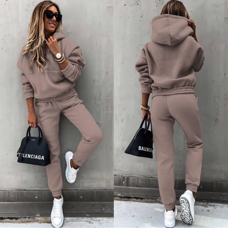 Winter-Trainingsanzug für Damen, zweiteiliges Set – übergroßer Kapuzen-Jogginghose, einfarbiger Sportanzug | Lässiges Sweatshirt-Hosen-Set – Detail 3