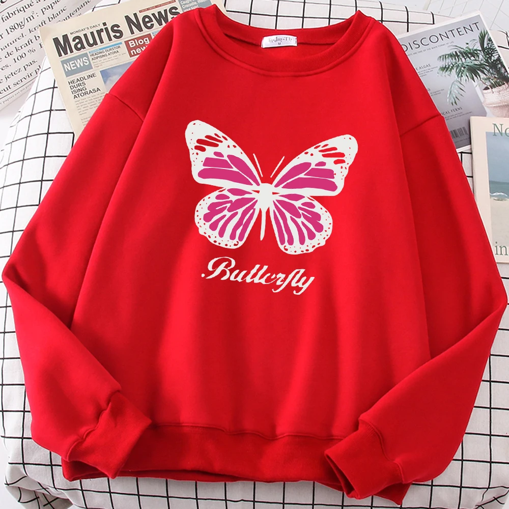 Creative Pink Butterfly Print Female Sweatshirt Fashion Casual Pullovers Hip Hop Oversized Clothing Comfortable Autumn Top