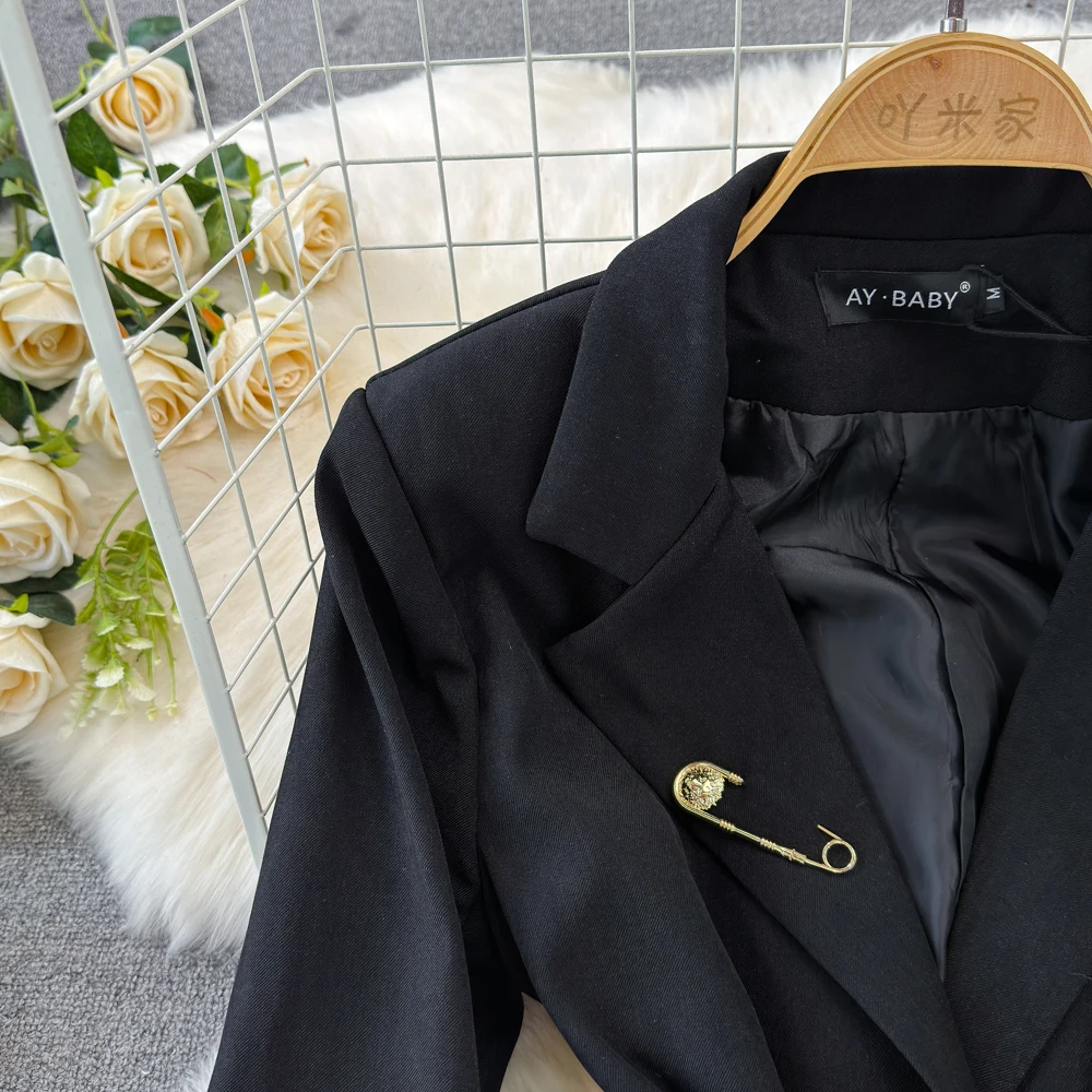 Feminino preto na moda estilo coreano terno cinto blazer conjunto curto pijamas senhora do escritório negócios formal inverno outono ternos de luxo