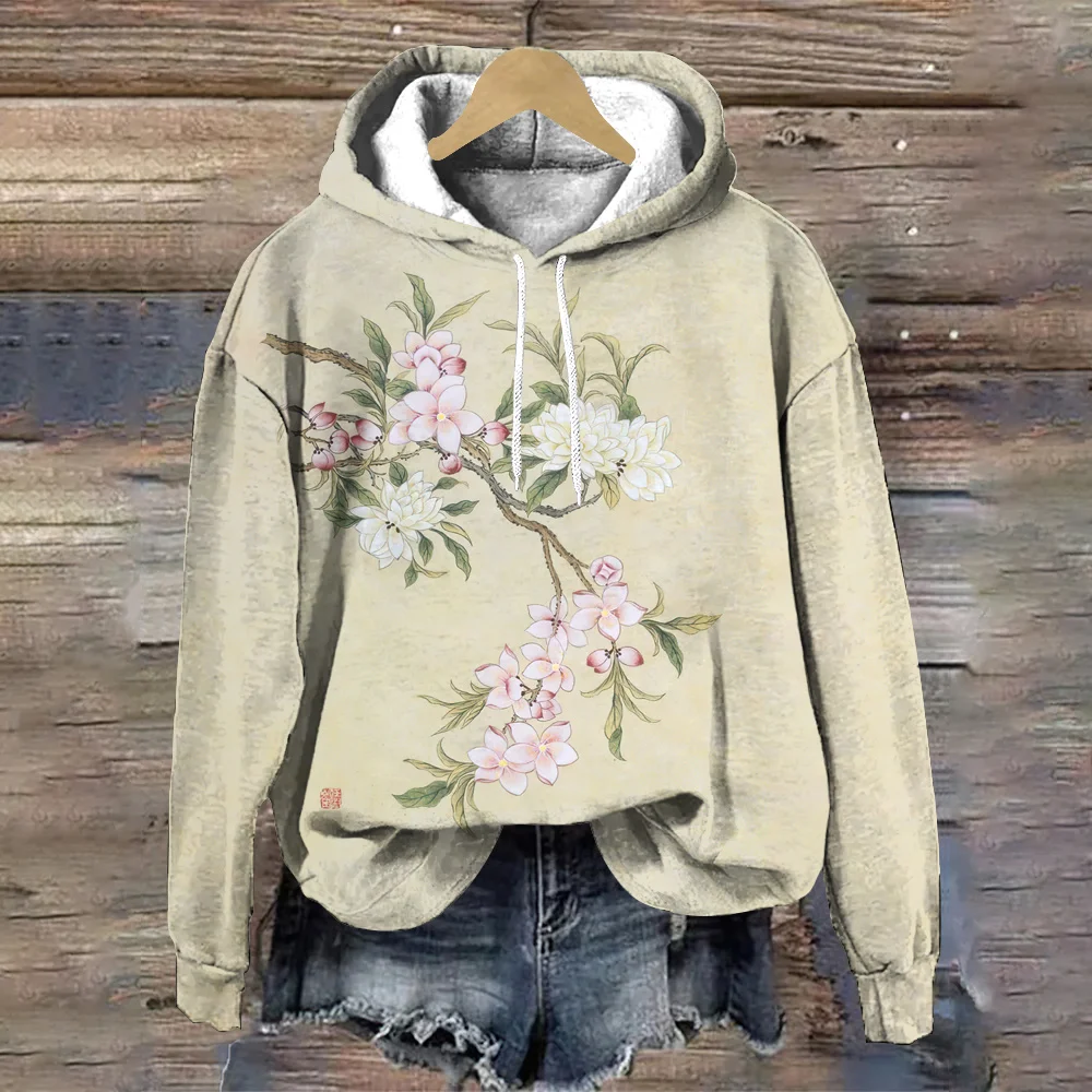 Flower Women's Hoodie Fashion Designer Pattern Traditional Chinese Painting Women's Sweatshirts Autumn Loose Tops Y2K Clothes