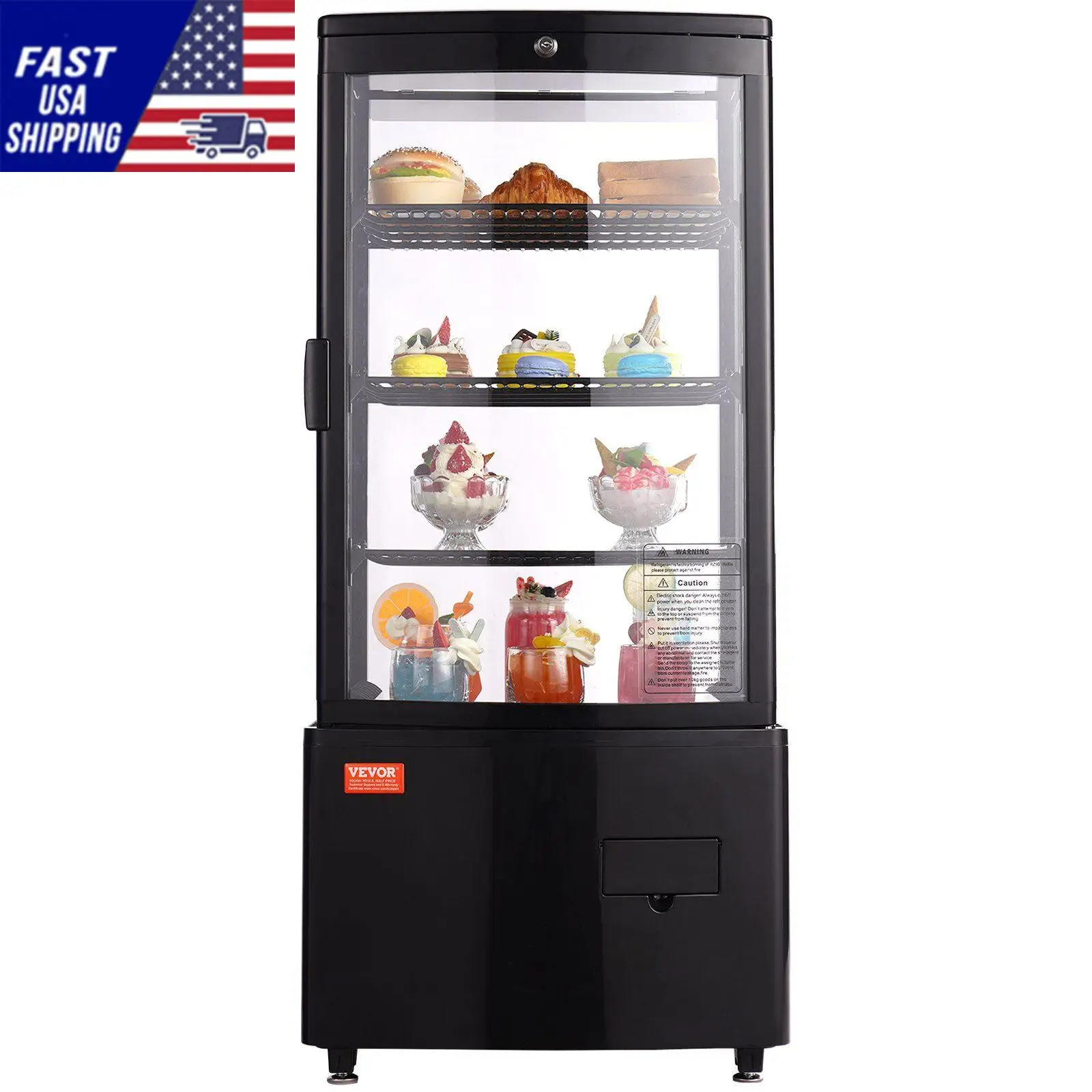 Refrigerated Display Case, 3 Cu.Ft./85L Countertop Pastry Display Case, 3-Tier Commercial Display Refrigerator with LED Lighting